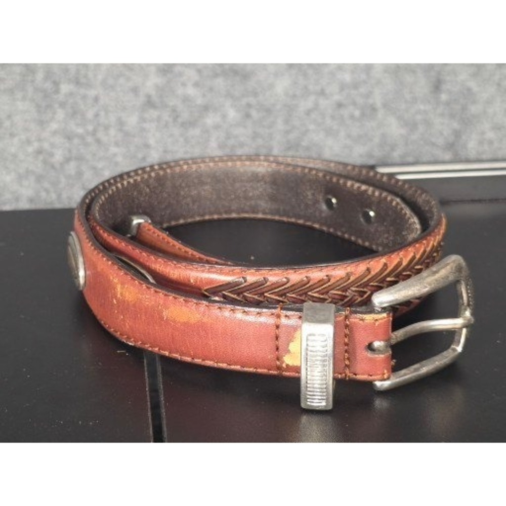 Fossil Womens Cognac Brown Leather Western Belt Silver Concho Metal Tip 36 Inch